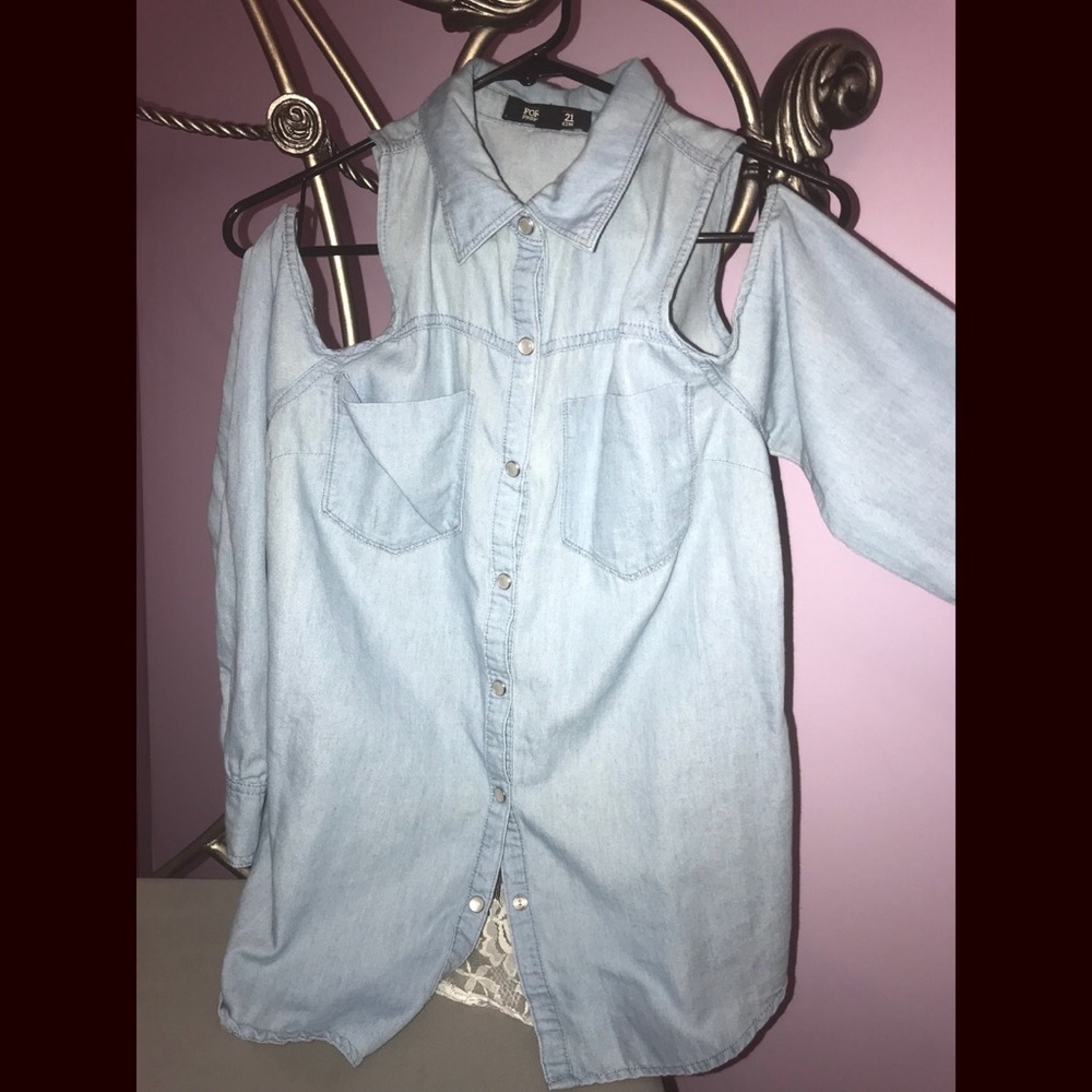Jean & Lace Cut Out shoulder Button Down Blouse